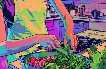 Pop Art Cooking Scene,  vivid pop art style illustration of a person preparing a fresh salad, with vibrant colors enhancing the lively kitchen atmosphere