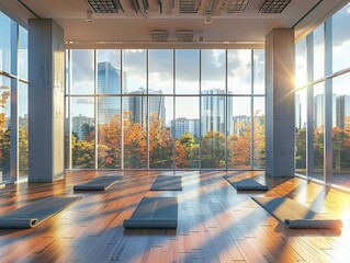 Yoga studio with floortoceiling windows, urban skyline view, peaceful practice, bright day , 3D render