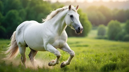 Foto op Plexiglas equine in a pasture.Scramble on the Weide Sunny day with a white horse in the paddock © Shani Studio