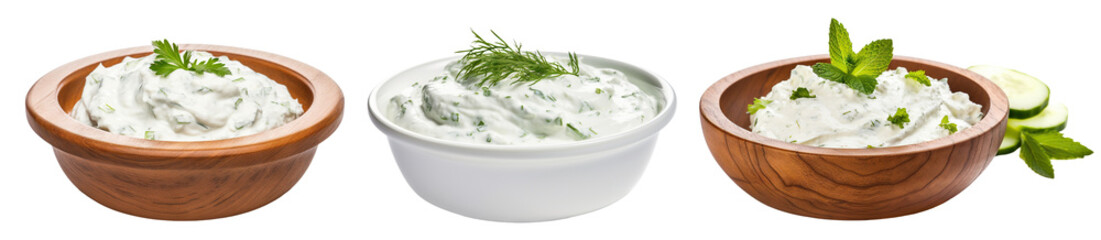 Set of delicious tzatziki sauces in bowls, cut out - obrazy, fototapety, plakaty