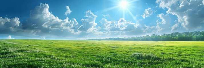 Fototapeta premium Beautiful spring nature with a neatly trimmed lawn surrounded by trees against a blue sky background with clouds on a bright sunny day.banner.Beautiful summer natural landscape spring grass 