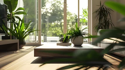Foto op Aluminium Natural light floods in through large windows, highlighting a sleek coffee table surrounded by lush indoor plants, creating a serene and inviting space © @ArtUmbre