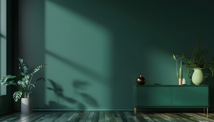 Green cabinet and accessories decor in living room interior on empty dark wall background  - obrazy, fototapety, plakaty