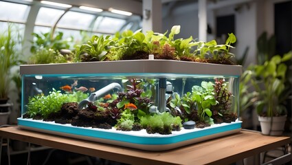 A closeup of futuristic aquaponics setup, with sleek and modern design and veriety of exotic plants and fish.