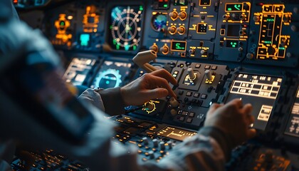 An engineer's hands meticulously calibrate avionics amidst illuminated control panels in a spacecraft cockpit - obrazy, fototapety, plakaty