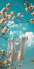 Weiße Wäsche an der Leine in der Natur mit schönen Blüten für den neuen Duft, ai generativ
