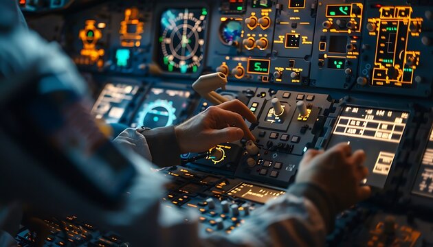 An engineer's hands meticulously calibrate avionics amidst illuminated control panels in a spacecraft cockpit