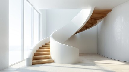 Spiral wooden staircase in a minimalist white interior