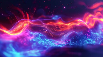A neon inferno unfolds, as digital waves of energy converge and collide, casting an intense glow across the unseen expanse.