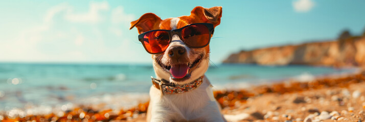 Dog in sunglasses on the beach, summertime fun with a furry companion, lazy sunbathing.