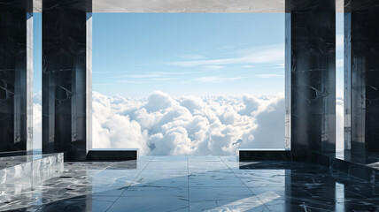 Modern interior design with blue sky and clouds. 3D Rendering