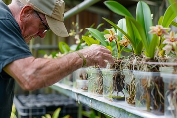 man examining orchid roots in clear pots on a tour