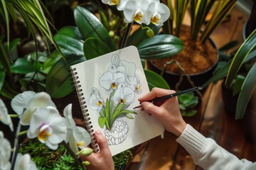 person sketching orchids in a notepad