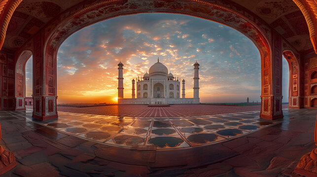 Taj Mahal sunrise panorama Agra Uttar Pradesh India, generative ai