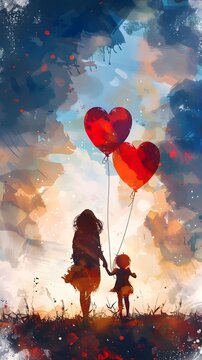 Mother and Child Releasing Heart Shaped Balloons into the Dreamlike Sky Symbolizing Their Unbreakable Bond