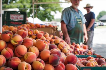farmer at a roadside stand with a mountain of fresh peaches