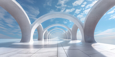 Abstract architecture with arches on a blue sky background. 3d rendering