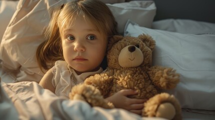 Little girl in bed with soft toy the emotions of a child
