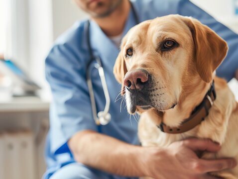 A man in a blue shirt is holding a dog in vet clinic