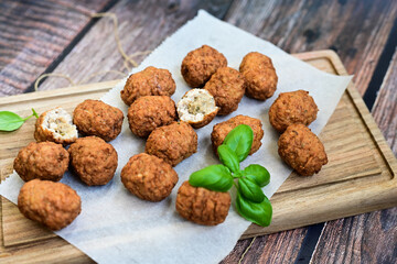 Home made Feta and Olives Stuffed Greek Meatballs .Greek confort food. Mediterranean diet 
