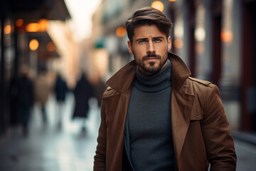 Fototapeta premium Generative AI image of elegant handsome businessman walking on city street urban style