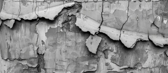 A close-up black and white shot of peeling paint on the rough bark of a tree trunk. The peeling...