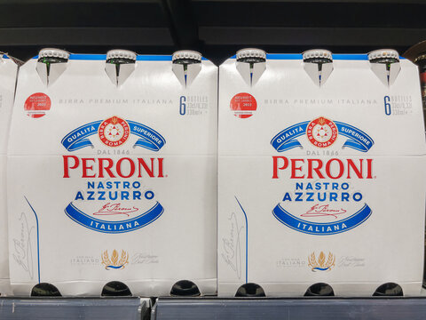 Peroni Nastro Azzurro Beer Packaging on Store Shelf