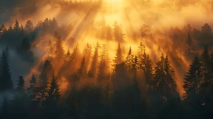 Foto op Plexiglas Magical Sunlight Illuminating the Misty Forest Landscape © Meta