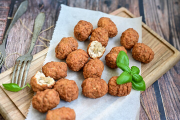 Home made Feta and Olives Stuffed Greek Meatballs .Greek confort food. Mediterranean diet 