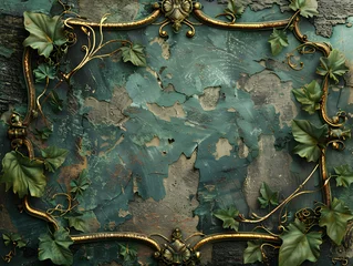 Schilderijen op glas A picture frame adorned with ivy hangs on a green wall, creating a harmonious blend of terrestrial plant and camouflage pattern in the landscape © Oleksandra