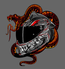 devil pattern helmet wrapped around a snake