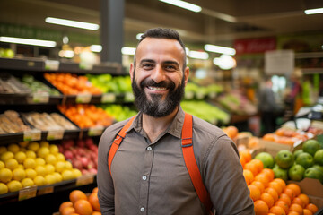 Man shopping in grocery store choosing fresh fruits and vegetables in supermarket generative AI