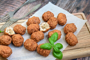 Home made Feta and Olives Stuffed Greek Meatballs .Greek confort food. Mediterranean diet 