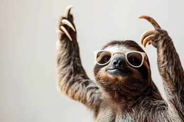 A sloth wearing sunglasses and holding its claws up