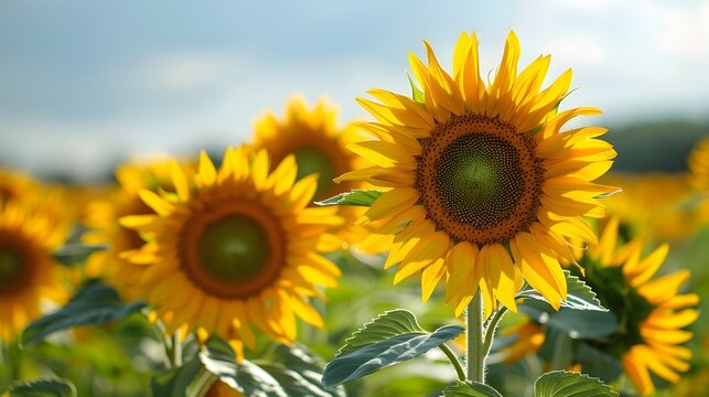 Radiant Summer Sunflowers Basking in Golden Sunshine Over Lush Floral Field Landscape