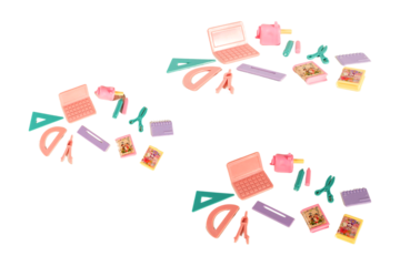 A toy set of school supplies on white or transparent background, back to school concept.