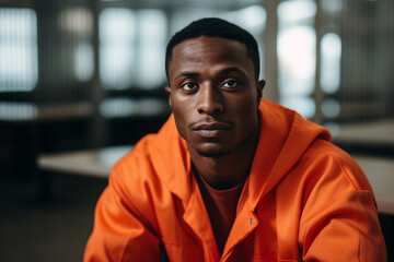 Fototapeta premium Criminals jailed in prison in orange uniform behind metal bars Generative AI realistic 3D picture