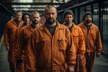 Criminals jailed in prison in orange uniform behind metal bars Generative AI realistic 3D picture