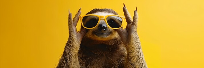 A sloth wearing sunglasses and smiling - obrazy, fototapety, plakaty