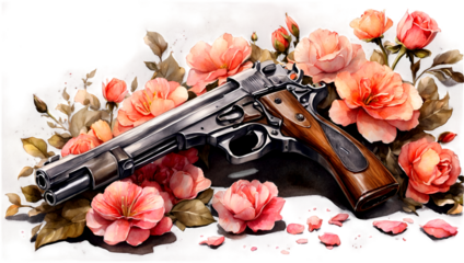 gun, revolver with flowers , watercolor illustration, png on transparent background