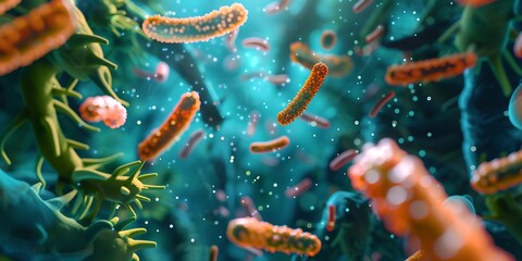 A close up of a bunch of bacteria and viruses in a blue background - obrazy, fototapety, plakaty