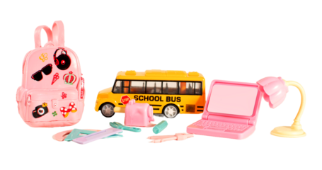 A toy set of school supplies and a toy school bus