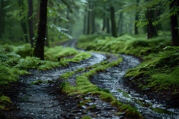 Obraz premium Winding Path Through Untouched Ancient Forest Filled with Lush Greenery and Tranquil Ambiance