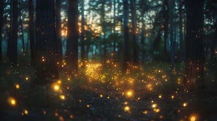 Enchanting Firefly Dance in Mystical Twilight Forest Landscape