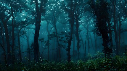 Naklejka premium Mysterious Woodland at Nightfall A Lush Moody Forest Shrouded in Moonlit Mist and Secrets