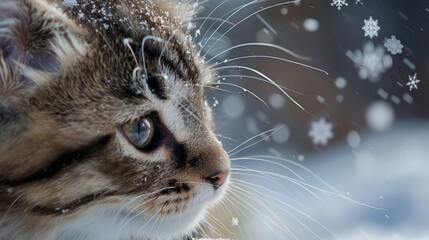 A stripy cat with snow dusted fur examining intricate snowflakes around it in a cool wintry scene - obrazy, fototapety, plakaty