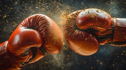 Close-up of boxing gloves colliding mid-air, depicting the explosive power and dynamic energy characteristic of the sport of boxing.