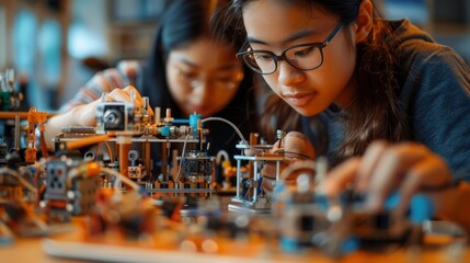 A precise, up-close depiction showcases students collaborating fervently on a mechanical engineering endeavor, underscoring the significance of teamwork and innovation in STEM learning. - obrazy, fototapety, plakaty
