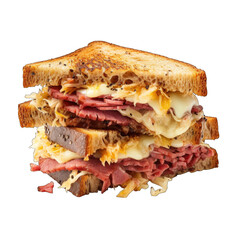 Pastrami Reuben style sandwich with sauerkraut and Swiss cheese png