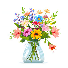 Bundle of freshly cut flowers in a vase isolated on white background, flat design, png
